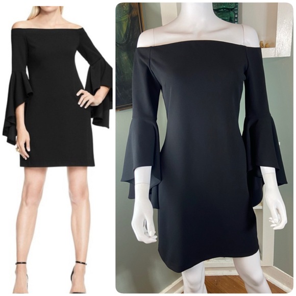 Vince Camuto Dresses & Skirts - Vince Camuto Black Off-Shoulder Bell Flared Sleeve Mini Dress Bodycon Sheath